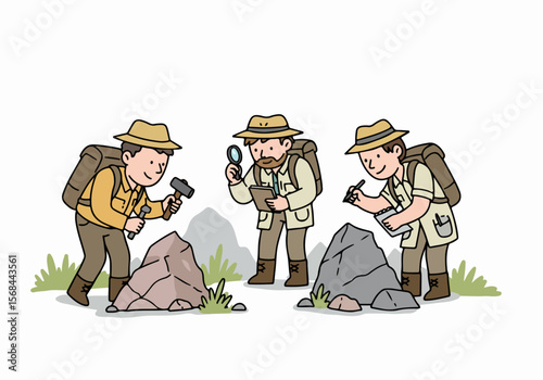 Cartoon illustration of geologists or explorers researching rocks outdoors with tools and equipment.