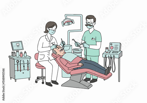 Dentist and Dental Assistant Examining Patient in Dental Clinic, Healthcare Illustration