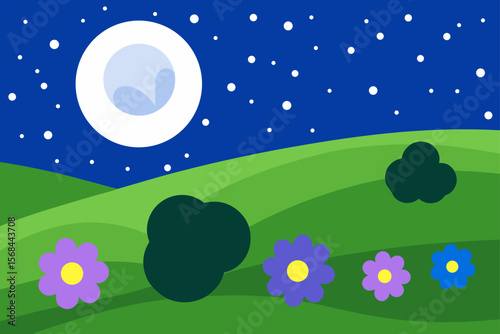 Glowing Night Sky With Wildflower Meadow And Rolling Hills