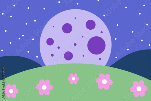 Glowing Moon Above Soft Hills And Meadows With Wildflowers