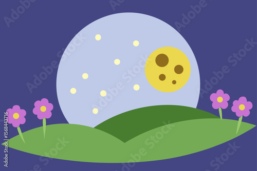 Glowing Moon Above Soft Hills And Meadows With Wildflowers