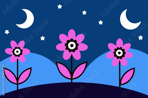 Gentle Night Flowers Swaying On Hills Under Stars
