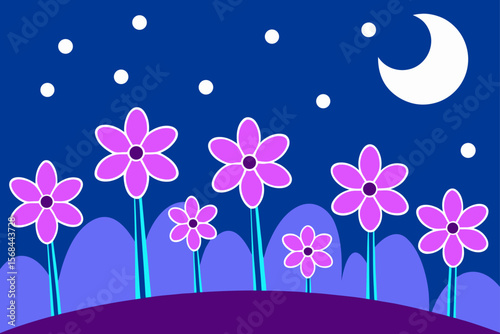 Gentle Night Flowers Swaying On Hills Under Stars