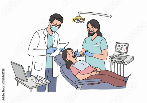 Illustration of a dental check-up with a patient in a dentist chair and two dental professionals.