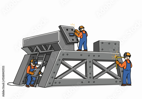 Construction workers welding large metal structure illustration