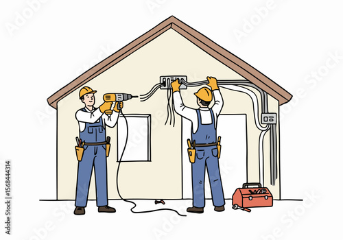 Illustration of two electricians working on exterior house wiring, installing electrical connections and using tools like a drill and screwdriver near a junction box.
