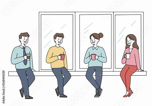 Diverse office colleagues enjoy a relaxed break by the window, sharing coffee and conversation in a simple illustration.