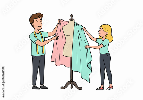Two fashion designers, a man and a woman, collaborate on draping fabrics on a mannequin, working together in their creative studio.