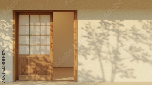 Minimalist Japanese Sliding Door with Soft Tree Shadows