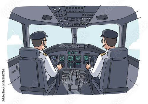 Two pilots operating an airplane in the cockpit, viewed from behind, surrounded by flight instruments and controls.