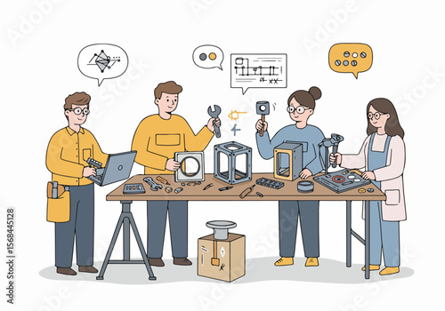 Cartoon illustration of a diverse team of engineers and technicians collaborating on a technical project, using tools and technology in a workshop or lab.