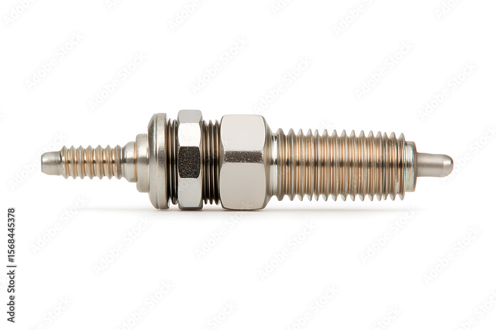 Fototapeta premium Shiny metal bolt with nuts. Hardware for construction and mechanics. Close-up of a fastener on a white background. Precise engineering component.