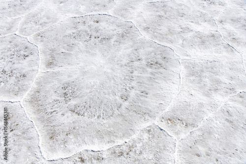 Close up of hexagon patterns in salt pan of the Bonneville Salt Flats a remnant of the Pleistocene Lake Bonneville near Wendover, UT, USA