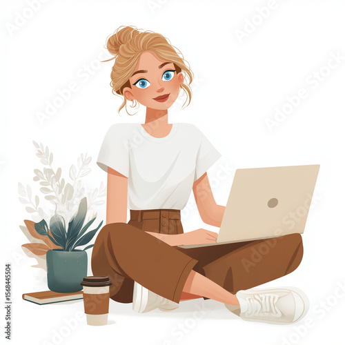 A blonde woman in her thirties sitting on the floor with an open laptop