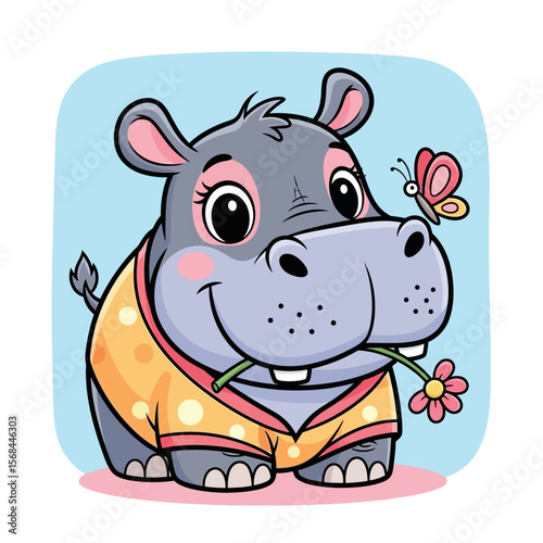 Cute cartoon hippopotamus wearing pajamas, holding a flower and butterfly, on a light blue background.
