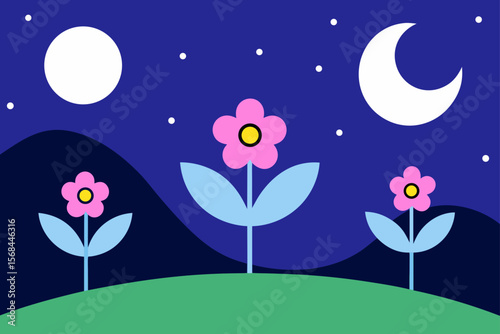 Minimal Landscape Vector Of Flowers Hills And Moon