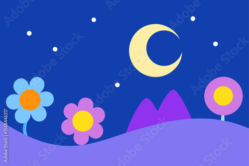 Minimal Landscape Vector Of Flowers Hills And Moon