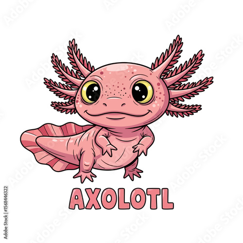 Cartoon illustration of a cute pink axolotl with large eyes and feathery gills, standing on a white background.