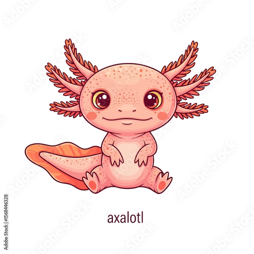 A cartoon axolotl sits with its hands folded, showcasing its feathery gills and cute expression.