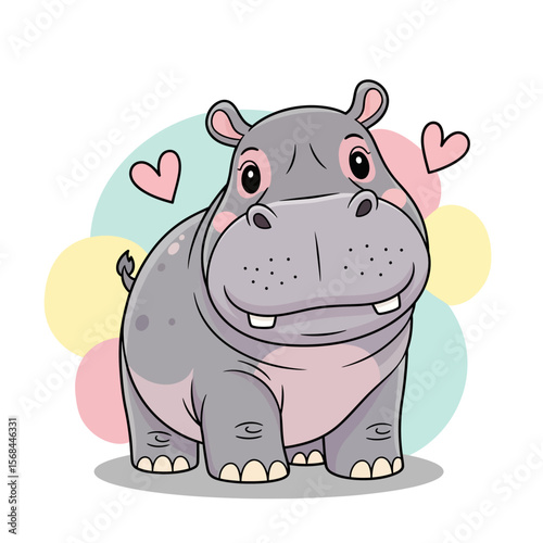 Adorable cartoon hippopotamus, rosy cheeks, surrounded by hearts, pastel background.