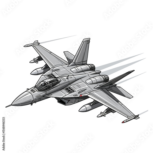 A detailed illustration of a modern military jet aircraft flying through the air.