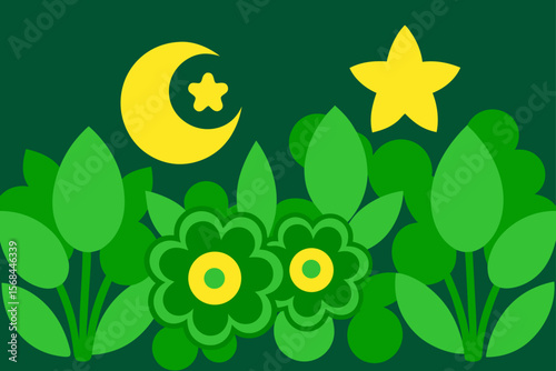 Lush Green Night Garden With Moon And Stars Flowers