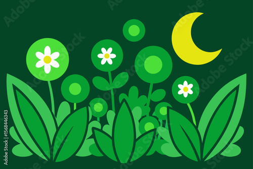 Lush Green Night Garden With Moon And Stars Flowers