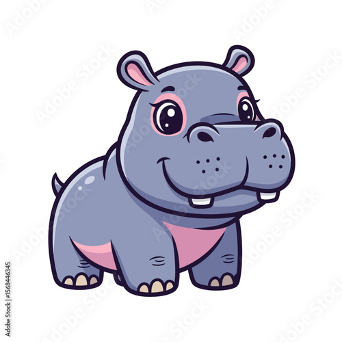 Cartoon illustration of a cute, smiling hippopotamus with big eyes, standing on a white background.