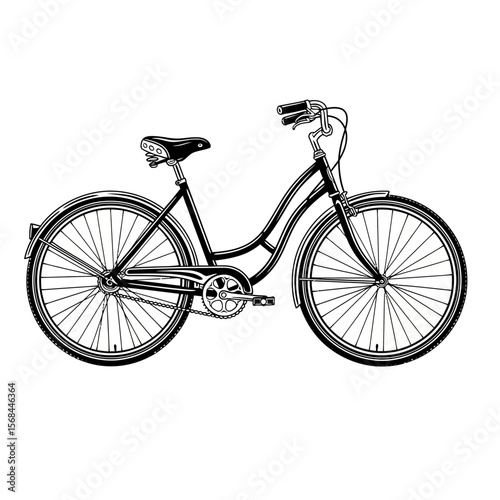 Classic cruiser bicycle illustration, black and white, side profile view, vintage style.