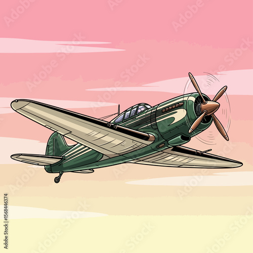 A vintage, green propeller airplane soaring through a vibrant, colorful sky.