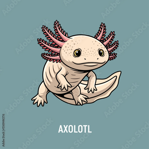 Cute cartoon illustration of an axolotl, a unique amphibian, with large eyes and feathery gills.