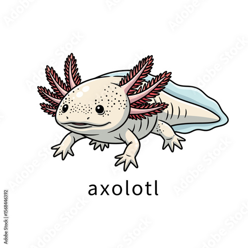 Cartoon illustration of an axolotl, a unique amphibian, with detailed features and a friendly expression.