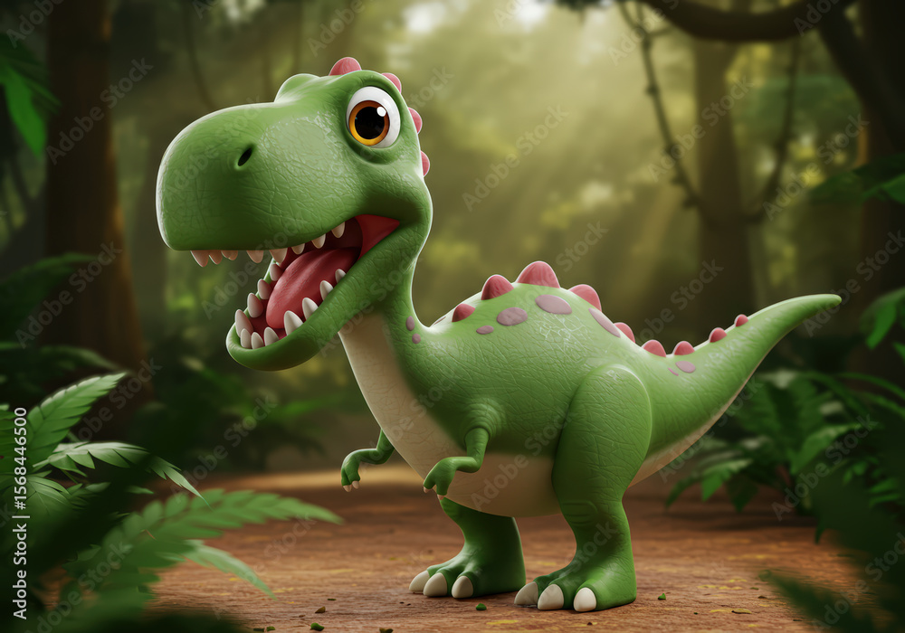 Fototapeta premium Green cartoon dinosaur in jungle, illustration of playful prehistoric T-Rex