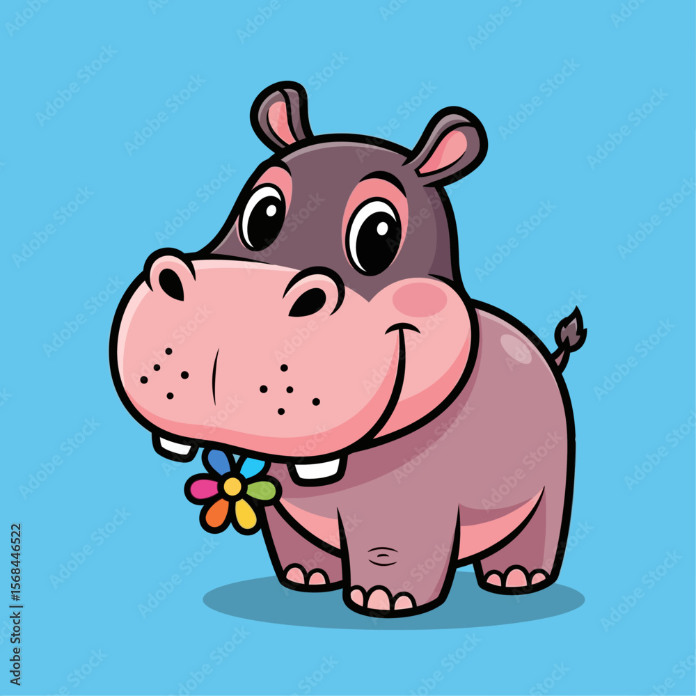 Naklejka premium Cute cartoon hippopotamus holding a colorful flower against a light blue background.