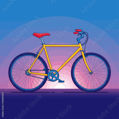 A yellow bicycle with red seat and blue handles stands against a colorful sunset backdrop.