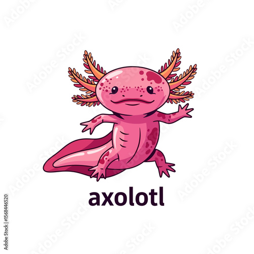 A cheerful cartoon axolotl, pink with orange gills, waves playfully against a white background.