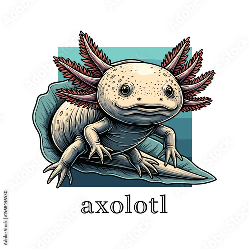 Illustration of a cute axolotl resting on a leaf, with feathery gills and a light blue background.