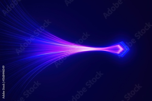Abstract glowing blue and purple light streaks converge on a geometric shape against a dark background