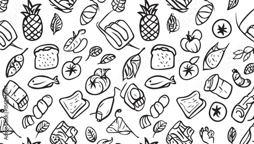 Pineapple tomato bread fish leaf bell pepper food pattern vector