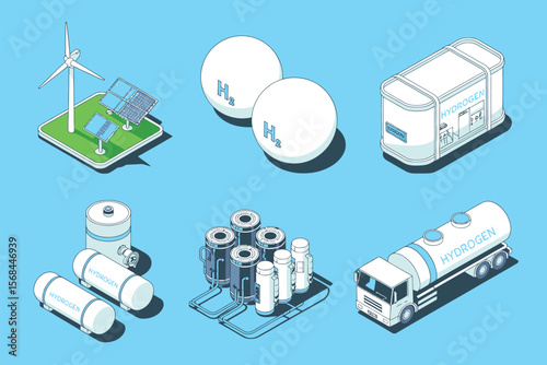 Isometric Illustration of Hydrogen Production, Storage, and Distribution Process Featuring Renewable Energy Sources, Fuel Cells, and Transport Infrastructure for Sustainable Energy and Green Technolog