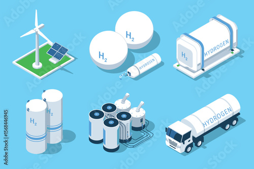 Isometric Illustration of Hydrogen Production, Storage, and Distribution Process Featuring Renewable Energy Sources, Fuel Cells, and Transport Infrastructure for Sustainable Energy and Green Technolog