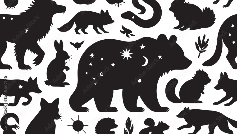 Fototapeta premium Black animal silhouettes with celestial elements on white bear rabbit