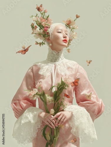 Woman in floral attire holds flowers while surrounded by butterflies in a soft pastel setting