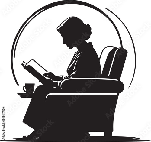 Woman reading book in armchair with coffee vector