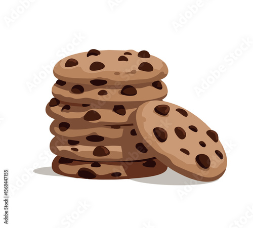 Vector illustration of a stack of chocolate chip cookies on white background, ideal for bakery and dessert themes.