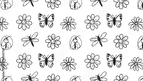 Black and white butterflies dragonflies and flowers pattern butterfly dragonfly