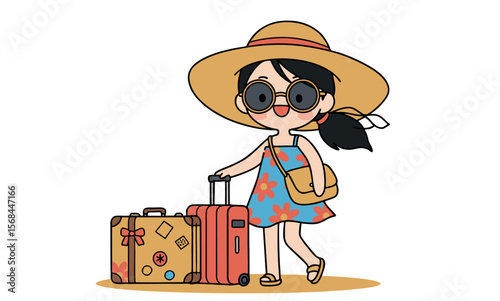 Cute cartoon girl in a summer dress with sunglasses and suitcases ready for vacation travel.