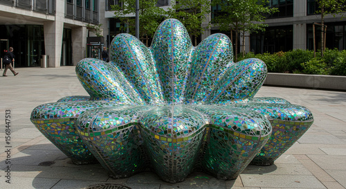 Modern iridescent mosaic sculpture bench in city plaza, contemporary outdoor art installation