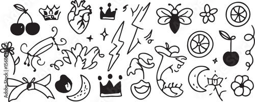 Cherries crown anatomical heart lightning bolt bee flower citrus slices moon vector