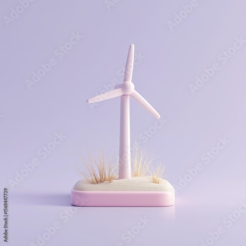 Small wind turbine model on a pastel background with decorative grass elements